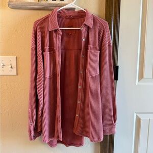 Aerie Women’s M Mauve Waffle Knit Oversized Button Down Front Pocket Long Sleeve